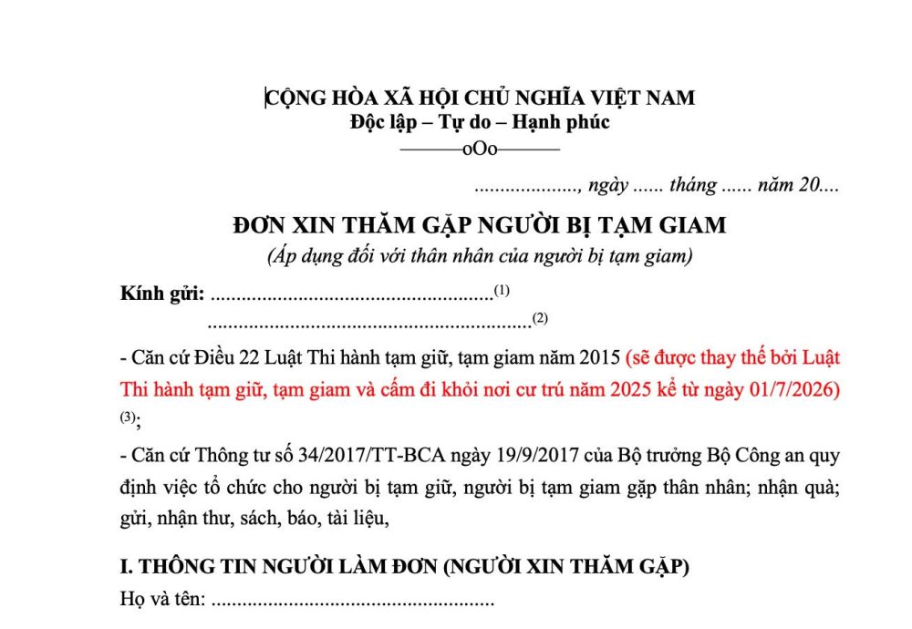 ĐƠN XIN GẶP NGƯỜI BỊ TẠM GIỮ TẠM GIAM: HƯỚNG DẪN THỦ TỤC VÀ LƯU Ý CẦN BIẾT 3 mau don xin tham gap nguoi bi tam giam